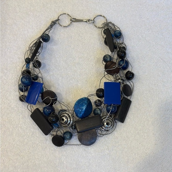Handmade Chunky Wire & Bead Necklace | Navy Blue Wood Resin Collar Choker - Picture 1 of 7